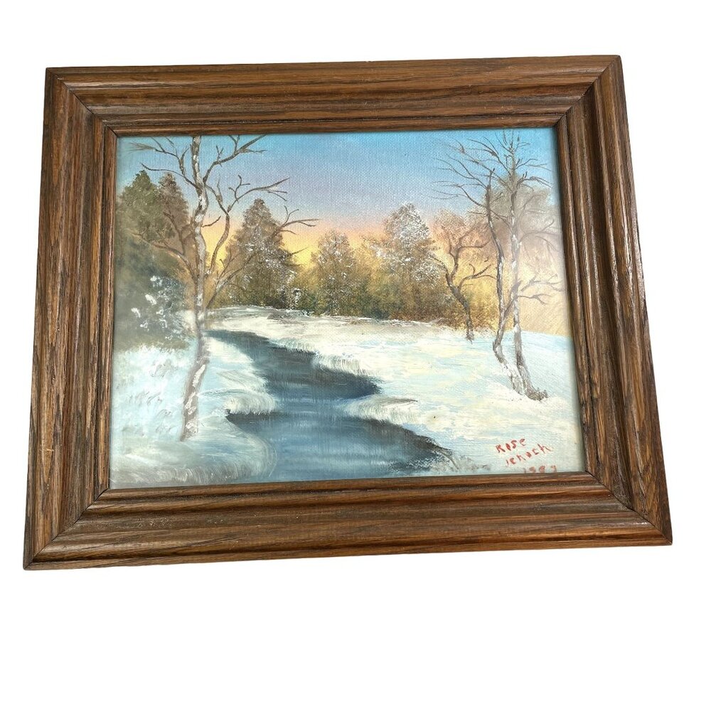 Vintage oil Painting Winter Scene u Woods River Stream Landscape Signed Rose Jen